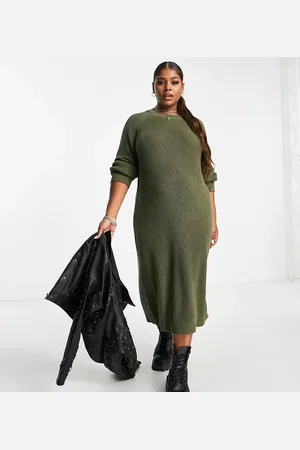 Noisy May Side split knitted midi dress in khaki