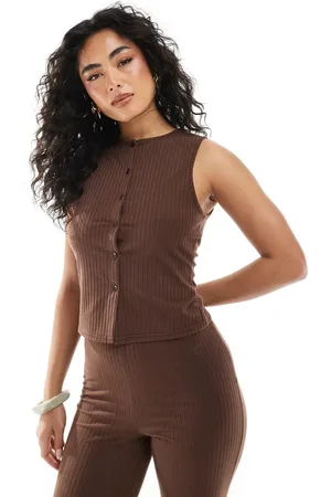 Miss Selfridge Ribbed button up sleeveless top co ord in chocolate