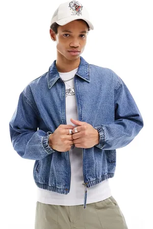 ASOS Cropped denim harrington jacket in mid wash