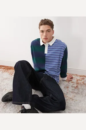 COLLUSION Long sleeve splice rugby polo in green and