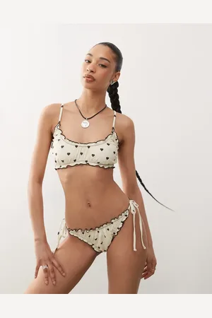 Reclaimed Bralette bikini top with frills in chocolate heart print