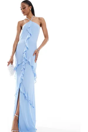 TFNC TFNC Bridesmaids Tall chiffon halterneck frill maxi dress in powder
