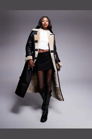 River Island Faux leather belted trench with shearling detail in