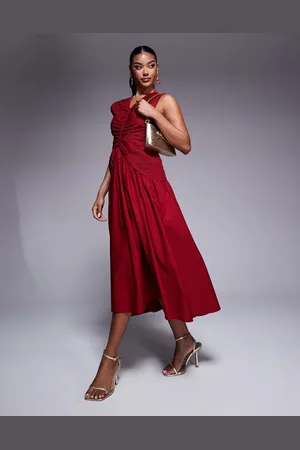 ASOS Midi dress with ruched bodice and centre channel detail in red