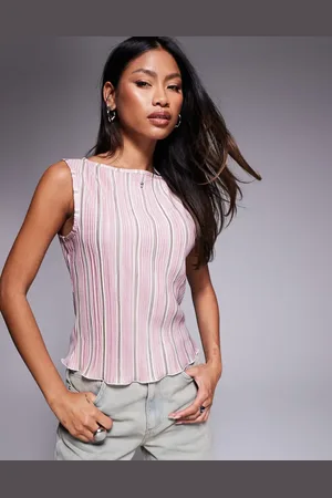 ASOS Printed stripe plisse cap sleeve tee in