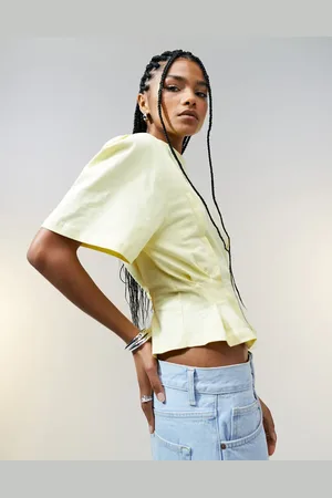 ASOS Seam detail short sleeve corset waist t-shirt in buttermilk