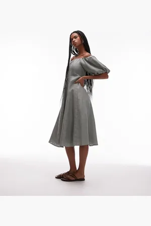 MANGO Linen puff sleeve midi dress in sage