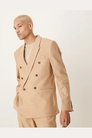 ASOS Double breasted linen blend regular suit jacket in camel