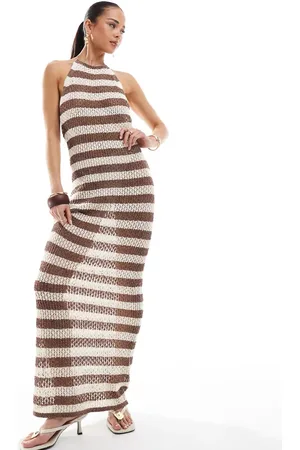 4th & Reckless Crochet halterneck low back maxi beach dress in stripe