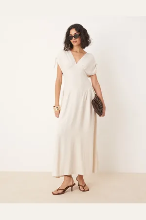 ASOS Ruched shoulder drop waist midi dress in linen oat