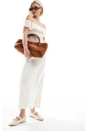 Stradivarius Satin midi skirt in buttermilk