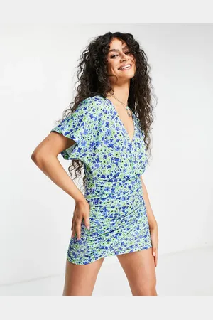 Pull&Bear Tie front mini dress in blue