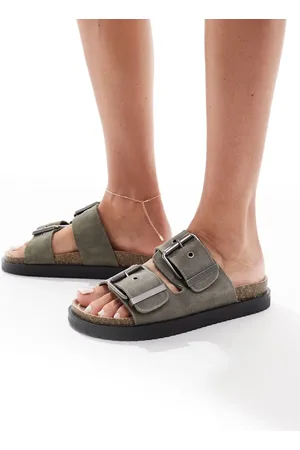Pull&Bear Flat leather sandals with double straps in khaki