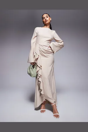ASOS Long sleeve linen maxi dress with ruffle skirt in stone