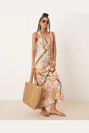 ASOS V neck ruched tie midi dress in pink floral abstract print