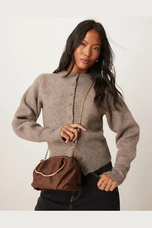 ASOS Faux suede squiggle metal handle grab bag with detachable chain crossbody bag in chocolate