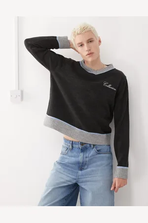 COLLUSION Knitted v neck boxy jumper in charcoal