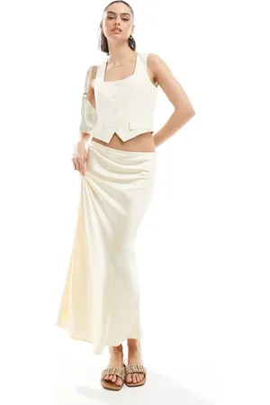 New Look Satin bias midi skirt in butter