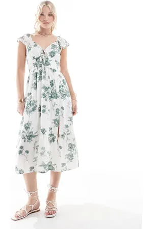 Hollister Short sleeve milkmaid midi slit dress in floral