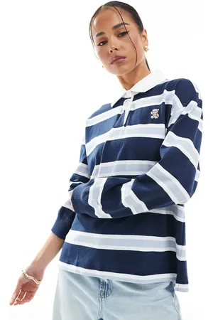 Hollister Long sleeve striped polo top with bear detail in