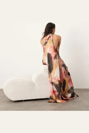 ASOS Satin halter maxi dress with pockets and ruched detail in watercolour print