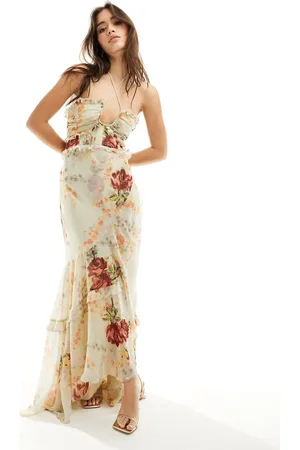 ASOS Halter ruffle maxi dress with high low hem in cream floral print