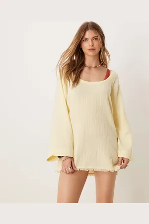 ASOS Callie cheesecloth frayed long sleeve reversible beach dress in buttermilk