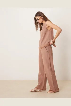 ASOS Linen blend straight leg trousers with tassel hem co-ord in mocha