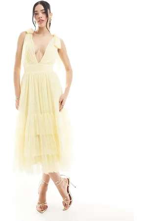 Lace & Beads Bridesmaid Madison bow shoulder midaxi dress in butter
