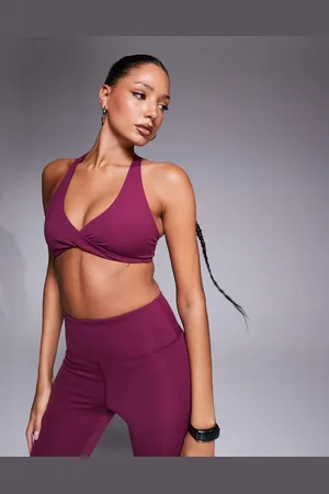 ASOS 4505 soft touch light support twist front sports bra mulberry