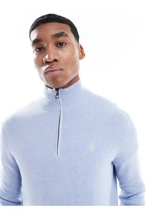 Ralph Lauren Icon logo textured cotton knit half zip jumper in light marl