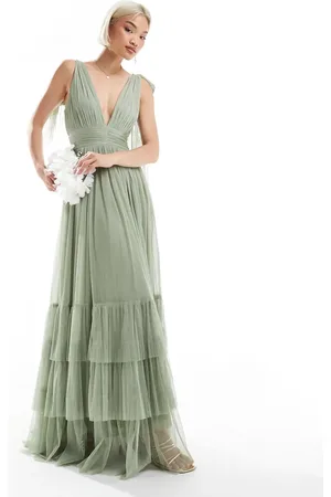 Lace & Beads Bridesmaid Madison bow shoulder maxi dress in dusty sage