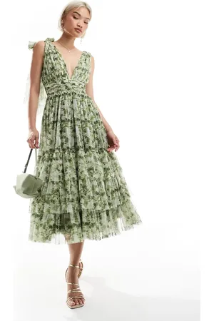 Lace & Beads Bridesmaid Madison bow shoulder midi dress in olive floral