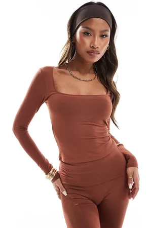 In The Style Double layered slinky sculpt square neck long sleeve top co-ord in rust