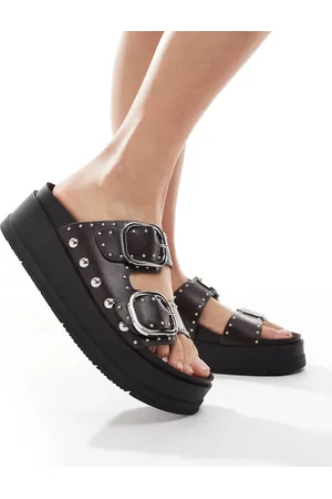 Bershka Buckle detail flatform sandals in brown