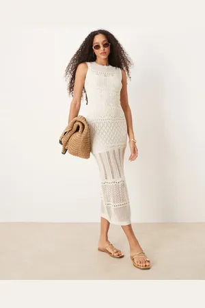 New Look Crochet detail knitted maxi dress in cream