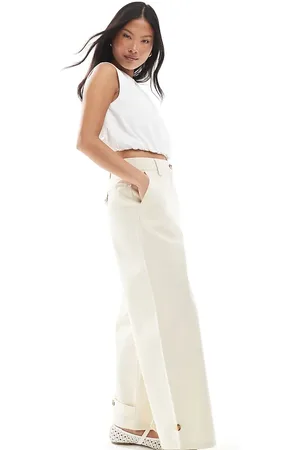 ASOS Petite laundered barrel trousers with tab detail in bone white