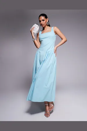Kaiia Exclusive square neck ruched lace trim hip pleat detail maxi dress in baby