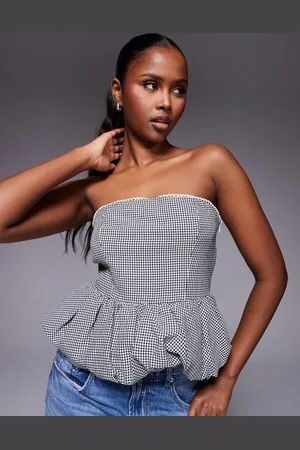 Kaiia Exclusive lace trim puffball bandeau top in black gingham