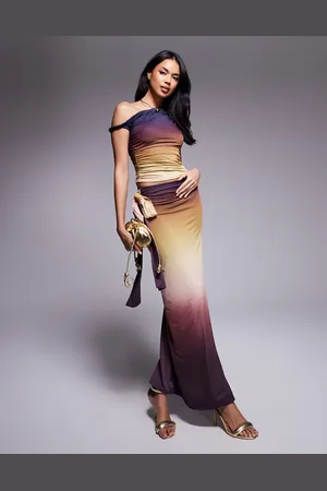 Kaiia Exclusive slinky one shoulder twist sleeve top co-ord in dark ombre
