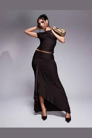 Kaiia Exclusive slinky drape detail maxi skirt co-ord in chocolate