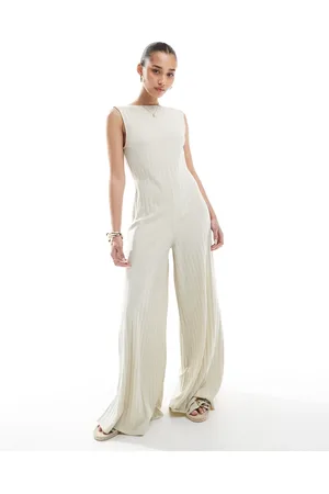 ASOS Sleeveless wide rib jumpsuit in stone