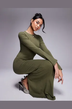 Kaiia Exclusive knitted flare sleeve bodycon maxi dress in khaki