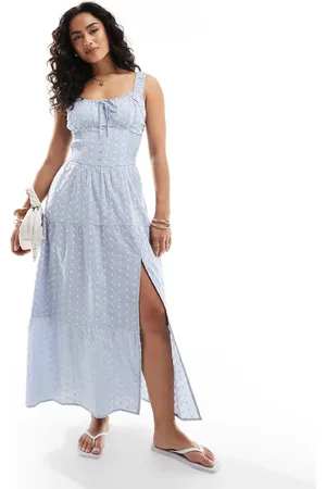 Hollister Embroidered maxi dress with thigh split in blue