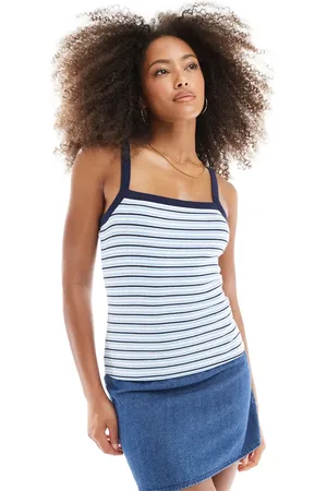 JJXX Stripe ribbed strap top in navy