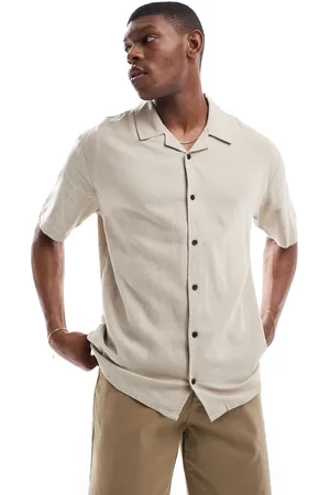 Threadbare Linen rich short sleeve revere collar shirt in stone