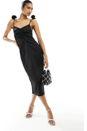 In The Style Satin ruched midi dress with corsage strap detail in