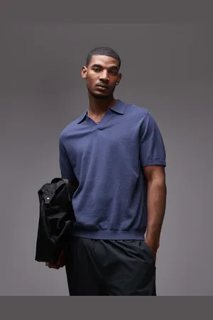 ARKET Cotton linen knitted shirt sleeve polo shirt in blue