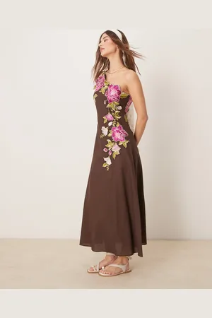 ASOS One shoulder embroidered linen midaxi dress in
