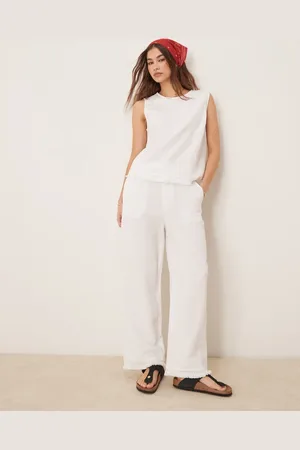 ASOS Linen blend straight leg trousers with tassel hem co-ord in